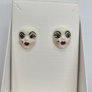 Vintage Fancy Faces Hand Painted Porcelian Mardi Gras Mask Stud Earrings